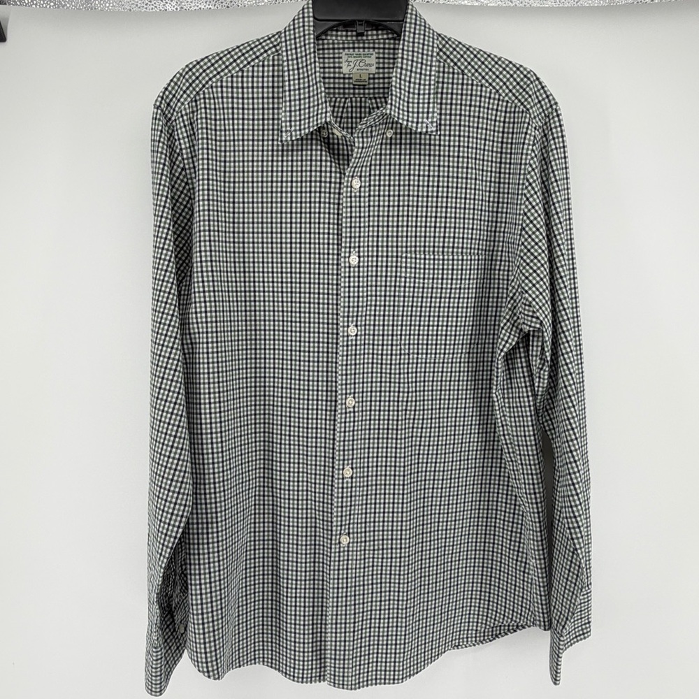 J CREW Secret Wash Classic Button Down Shirt Blue Green White Gingham Mens L